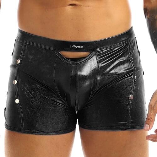 Sexy Mens Patent Faux Leather Underwear Boxer Briefs Thongs Bikini PU Boxers Homem Soft Boxershorts Male Panties Shorts 2021