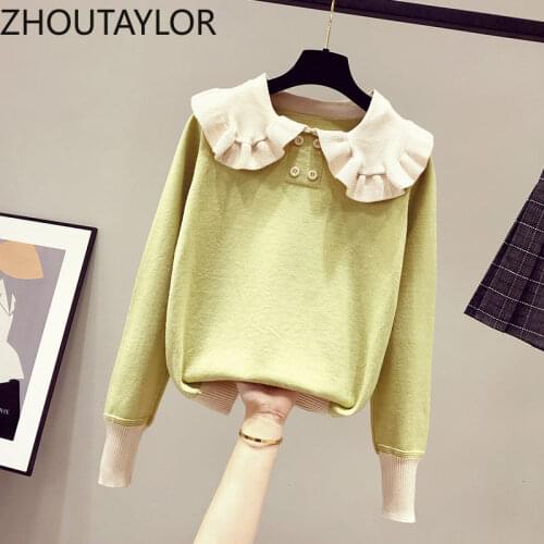 ZHOUTAYLOR Sweater Women Fashion Casual Peter Pan Collar Tops Female Full Sleeve Solid Autumn New 2021 Fullovers Femme
