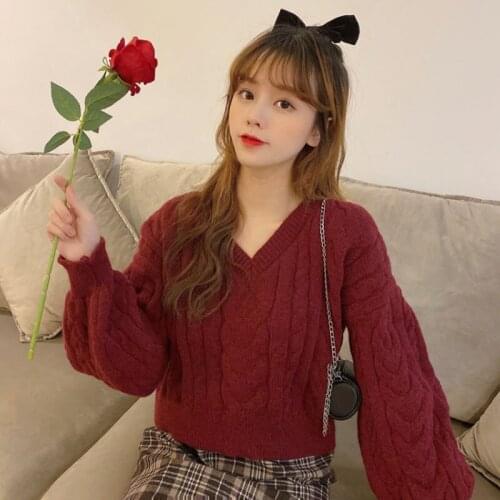 CoinFi sweaters New small loose short twist V-Neck Sweater with lantern sleeves