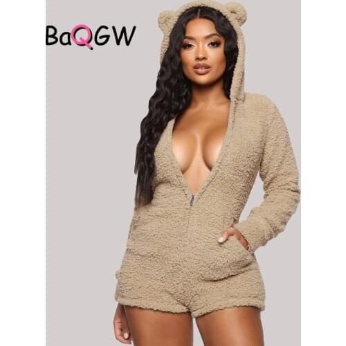 BaQGW Flurry Biker Shorts Women Rompers Bear Ear Bodycon Active Wear Palysuits Casual Fall Winter Warm Zipper One-piece Playsuit