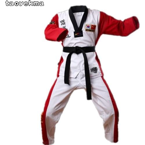 Top Quality Colored Taekwondo Uniform for Adult Child Teenagers Poomsae Dobok Red Blue Black TaeKwondo&Karate Clothing T09