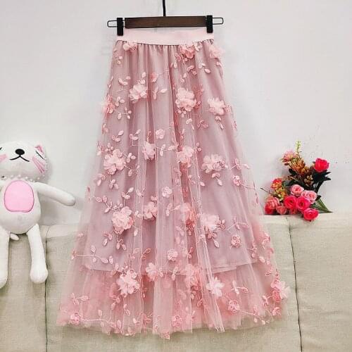 Ladies Spring/summer 2021 New High-waist Double-layer Mesh Three-dimensional Embroidery Flower Mid-length Skirt