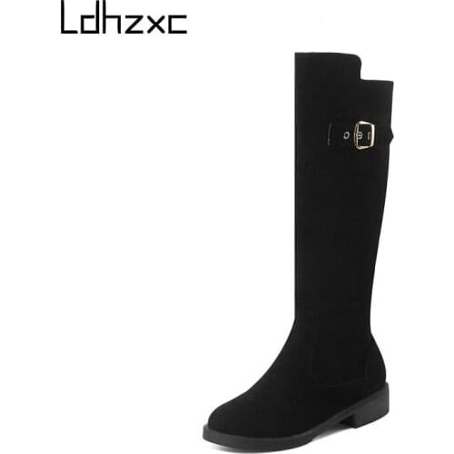 LDHZXC New Arrival Women Knee High Boots Round Toe Buckle Western Boots Square Heel Casual Shoes Ladies Big Size 45