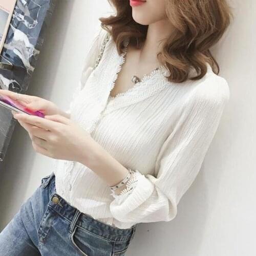 Women Tops Blouses Female Shirt Stylish Korean Fashion Clothing Shirts Womens White Chiffon Lacy Blouse Long Sleeve DD2238