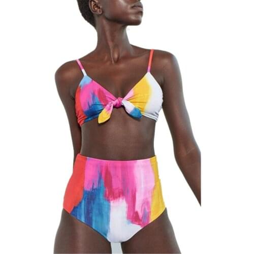 2021 New High Waist Sexy Tie Dye Color Splash Ink Digital Printing Split Swimsuit 2-piece Womens Swimsuit