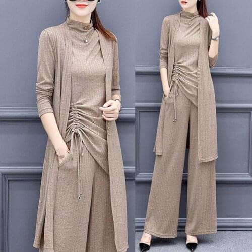 2021 Spring Knitted 3 Piece Set Women Plus Size Tracksuit Long Cardigan And Vest Tops And Wide Leg Pants Suit Womens Sets