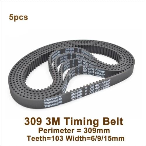 POWGE 5pcs 309 3M Timing Belt Teeth=103 Width=6/9/15mm Length=309mm HTD3M Closed-Loop Synchronous Belt 309-3M HTD 3M S3M Pulley