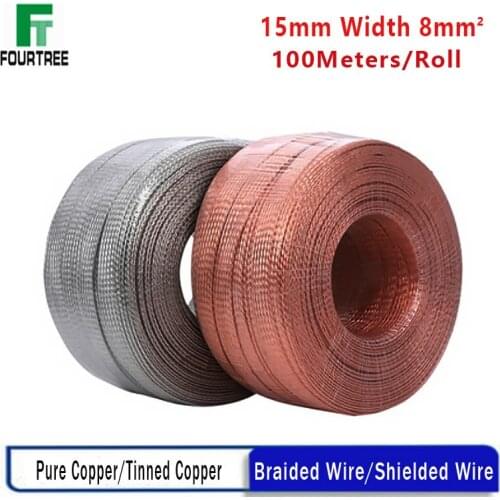 100Meters Copper Tinned Bare Ground Braid Lead WIre Signal Shielded Cable Conductive Tape High Flexibility 15mm Width 8mm2