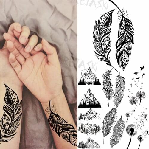 3D Black Feather Temporary Tattoos For Women Adult Mountain Woods Dandelion Realistic Fake Tattoo Wrist Waterproof Tatoo Sticker