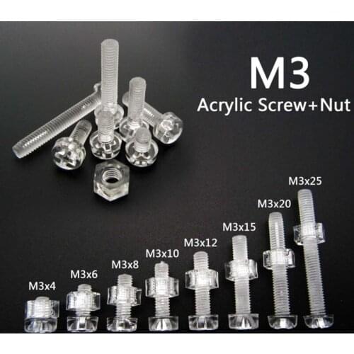 50sets Acrylic Clear Plastic Nylon M3 Round Phillips Head Screw Bolt + Nut