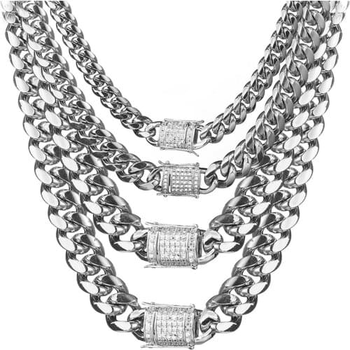 8/10/12/14/16/18mm Wide Punk Mens 316L Stainless Steel Curb Cuban LInk Chain Necklace Rhinestone Buttons Jewelry