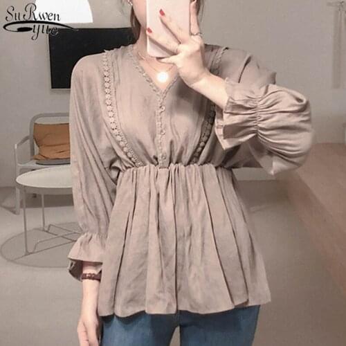Blusas V-Neck Women Blouse Plus Size Shirt Woman 2021 Autumn Long Sleeve Lady Korean Tops Vintage Femme with Lace Button 10101