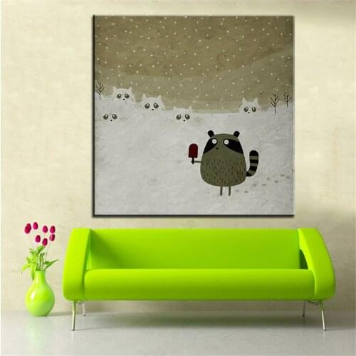Large size Printing Oil Painting raccoon ice cream Wall painting Wall Art Decoration Picture For Living Room painting No Frame