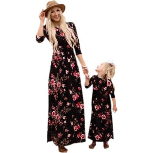 Parent-Child Girl Kids Long-Sleeves Mother Flowers Princess Long Dress Family Match Mom Daughter Flower Print Dress Clothes