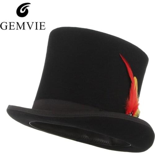 GEMVIE 100% Wool Felt Beaver Top Hat With Feather Cylinder Hat For Women Men Mad Hatter Party Costume High Magician Cap