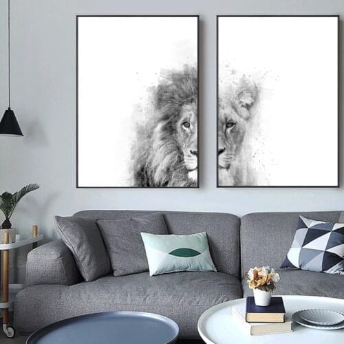Lion and Lioness Animal Canvas Painting Black White Abstract Posters Prints Wall Art Picture for Living Room Wall Decor Cuadros