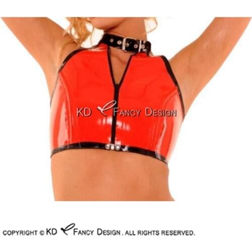Red And Black Sexy Latex Crop Top With Belts Front Zipper Rubber Shirts Blouse Clothing YF-0165
