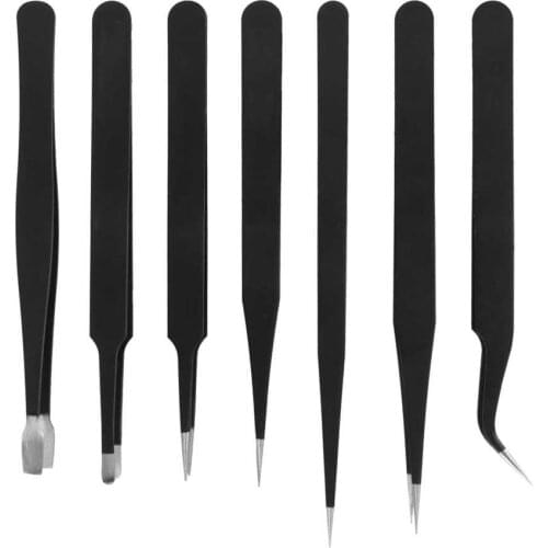 7PCs Tweezers Set Anti-Static Accurancy Electronic Tool Stainless Steel Conductive Carbon