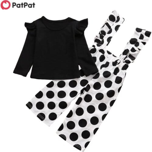 PatPat 2020 New Spring and Autumn Baby / Toddler Solid Flutter-sleeve Top and Polka Dots Overalls Set