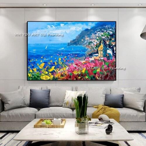 Palette Knife 100% Handmade Mediterranean Scenery Oil Paintings Wall Canvas Art Large Size Wall Pictures Handpainted Paintings