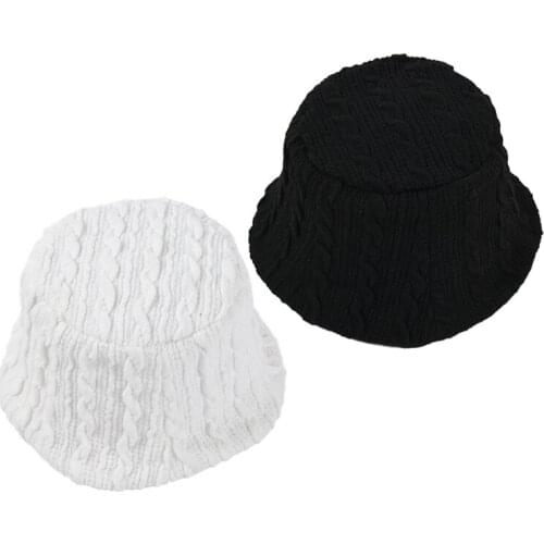 Women Men Winter Thicken Warm Faux Wool Bucket Hat Braided Cable Knitted Wide Brim Solid Color Flat Top Leisure Fisherman