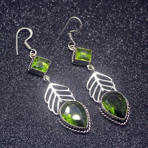 Glowing Unique Hot Sale Green Peridot Silver Color For Women Drop Dangle Earrings 2 5/8 Inch HD644