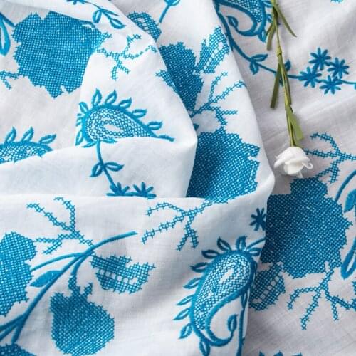 High quality pure ramie fabric Blue embroidery material Designer brand custom clothing cheongsam Top Dress Gown patchwork