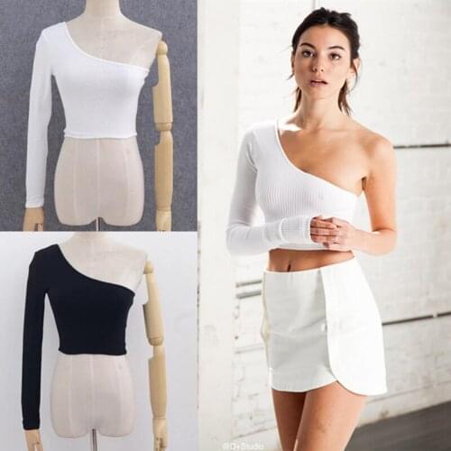 Female Camisole Knitted White One Shoulder Tank Tops Crop Top Slim Short Shirt Women Clothing Skew Collar Casual Tanks