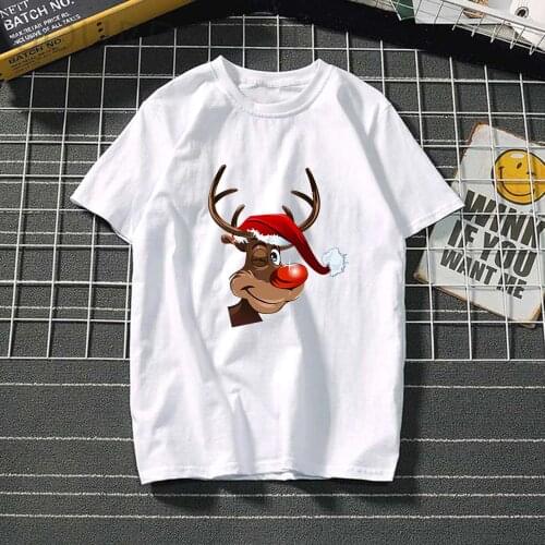 Seeyoushy Woman Tshirts Deer with Hat Printing Christmas Shirts for Women Fashion Ladies Harajuku Top Cotton Casual Plus Size