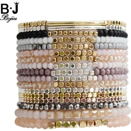 BOJIU Multicolor Crystal Strand Bracelets For Women Gold Acrylic Copper Beads Pink White Black Gray Crystal Bracelet Femme BC226