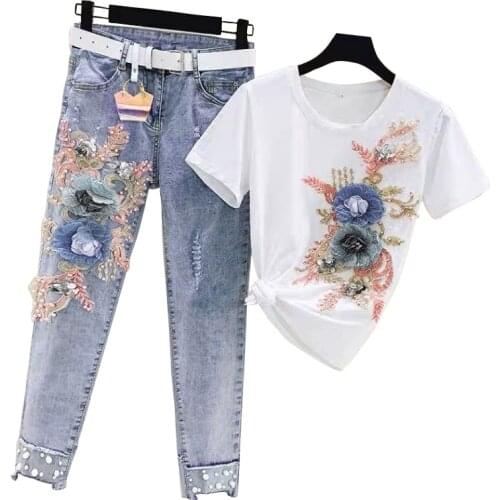 Women Suits 3D Embroidery Short-Sleeved T-shirts + Ripped Holes Flower Patch Jeans Pants Plus Size 2 Pieces Set