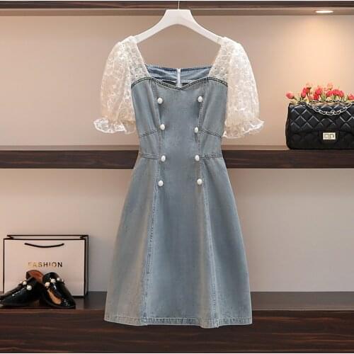 M-4XL plus size women sexy lace hollow out vintage denim dresses 2021 Summer lace short sleeve Patchwork button elegant dress