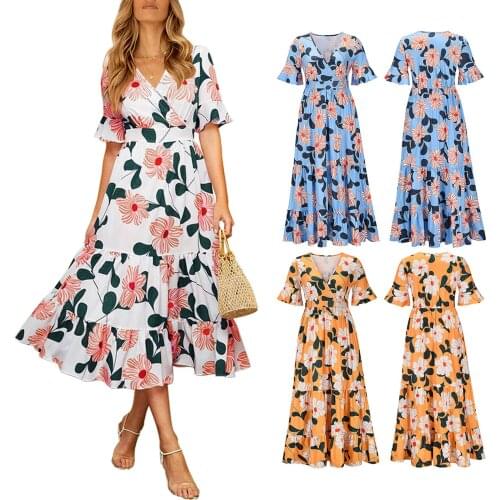 Bohemian Womens Floral Print Short Sleeve Dress Fashion V-neck Ruffled Hem Mid-length Skirt High Waist Slim A-line Long Skirt