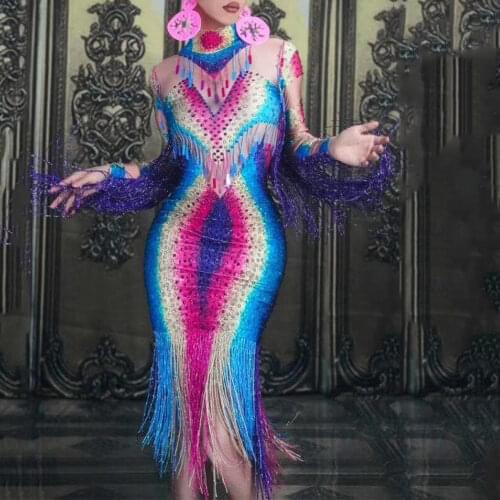 Long Sleeve Colorful Rhinestones Purple Tassel Women Dress Rainbow Leotard Dress Singer Stage Dance Costume Evening Prom Outfit