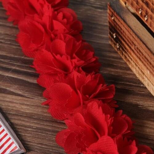 1 Yard Red Chiffon 3D Flowers Lace Trim Bride Wedding Dress Clothes Hat Handmade Trimmings Applique Sewing Crafts Decorations