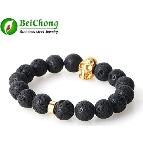 10 pieces/lot) Fashion Natural Stones Bracelet For Women Lava Stone Beads Bracelet Men Stainless Steel Skull Bracelet Men