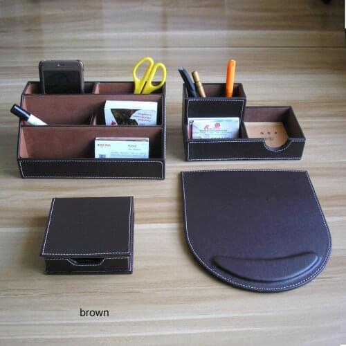 Wood PU leather desk organizer set office supplies desk accessories organizer desk stationery box pen holder desktop storage