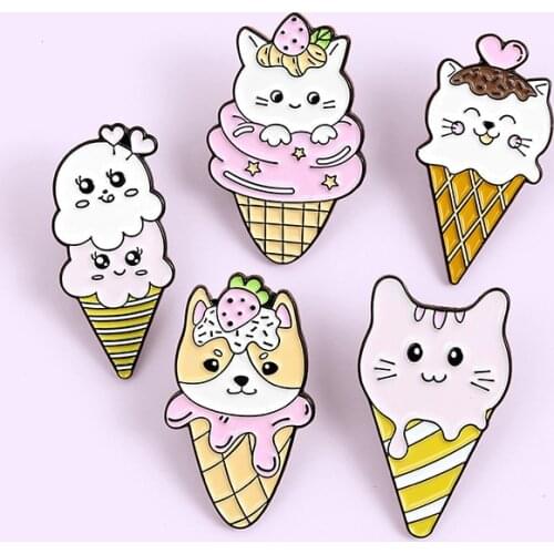 Pink Cat Enamel Pin Custom Funny Animal Ice Cream Brooches Shirt Lapel Pins Bag Cute Badge Cartoon Kitten Jewelry Gifts