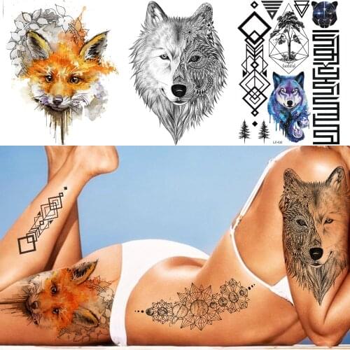 GoldOcean Black Geometric Planet Black Wolf Fake Tattoos Stickers Body Waist Arm Tatoo Temproary Waterproof Fox Cosmetic Tattoo