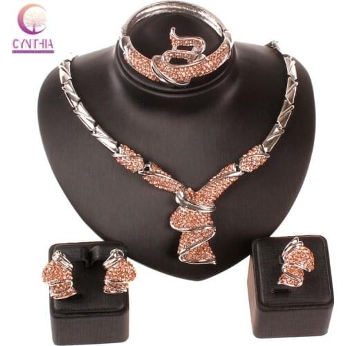 Crystal Jewelry Set Band and Gold-color Fashion Party Wedding Bridal Rhinestone Necklace Earring Sets Bangle Ring Accessories