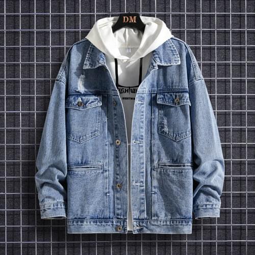 Autumn young mens loose casual denim jacket fashion cat whiskers letter element light blue student jacket jacket