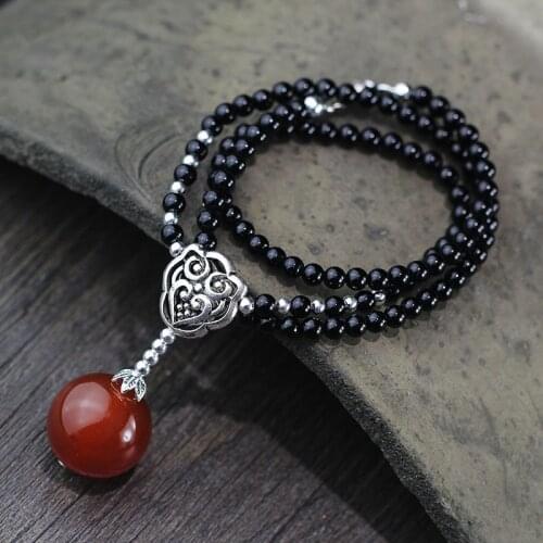 L&P Vintage Pure Silver Handmade Black Agate Necklace For Women Girl Thai Silver Retro Beads Neckace Fine Jewels