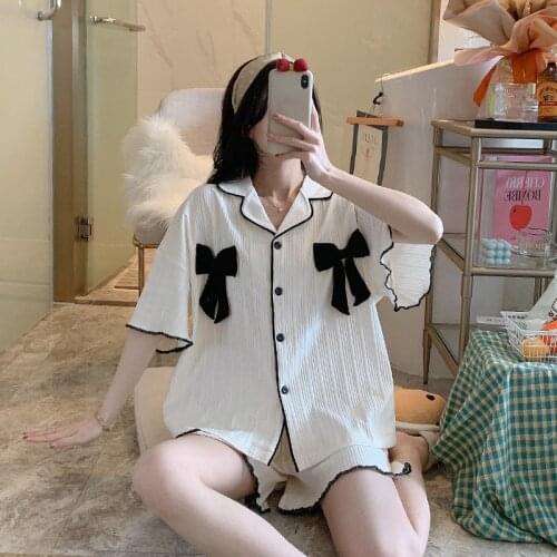 Summer Girls Kawaii Pajamas Cartoon Cute Print Korean Bear Sleepwear Sweet Bow Tie Short Sleeve Shorts Home Wear Suit