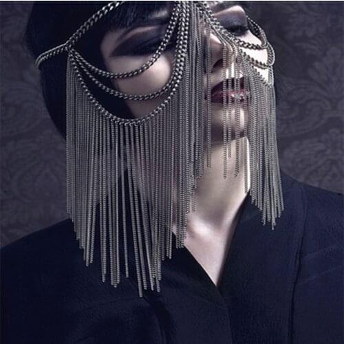 The Nightspots Queen Cosplay Head Mask Silver Chain Punk Alloy Head Wear Stage Collection Woman Cosplay Mask