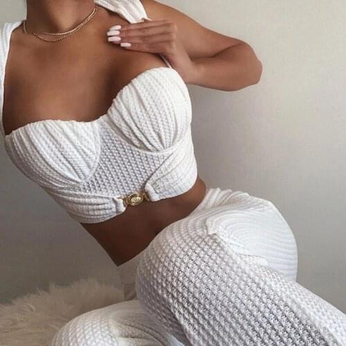 2021 Fashion White Outfit Sexy Sleeveless Top and Flare Pants Long Two Piece Set Crop Top Club Party Fall Winter Matching Set