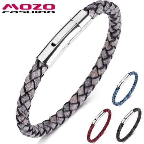 MOZO Fashion Bangle Men Charm Bracelets Gray Genuine Leather Rope Mixed Braided Simple Style Punk Woman Classic Jewelry
