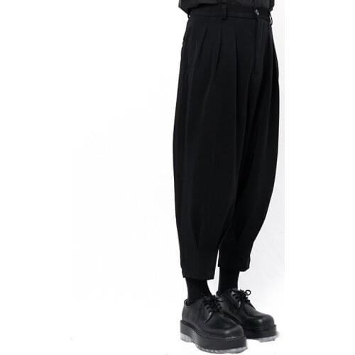 Yamamoto Style Mens casual pants cropped up Harem Pants tapered high waist belt pants