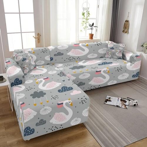 Cartoon Swan Print Elastic Couch Covers Dust-proof Washable Combination Slipcover Stretch 1/2/3/4 Seater Sectional Sofa Cover
