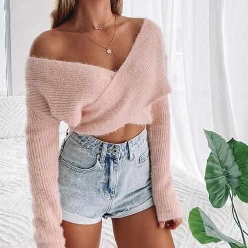 Foridol sexy off shoulder cropped pullovers sweater women fluffy autumn winter tops fuzzy vintage casual pink jumper 2020