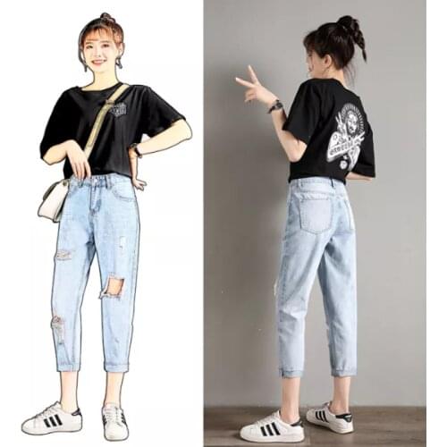 High Street Ripped Jeans for Teenage Girls Korean Fashion Trends Clothing Women Straight Leg Waisted Denim Pants Hole Streetwear